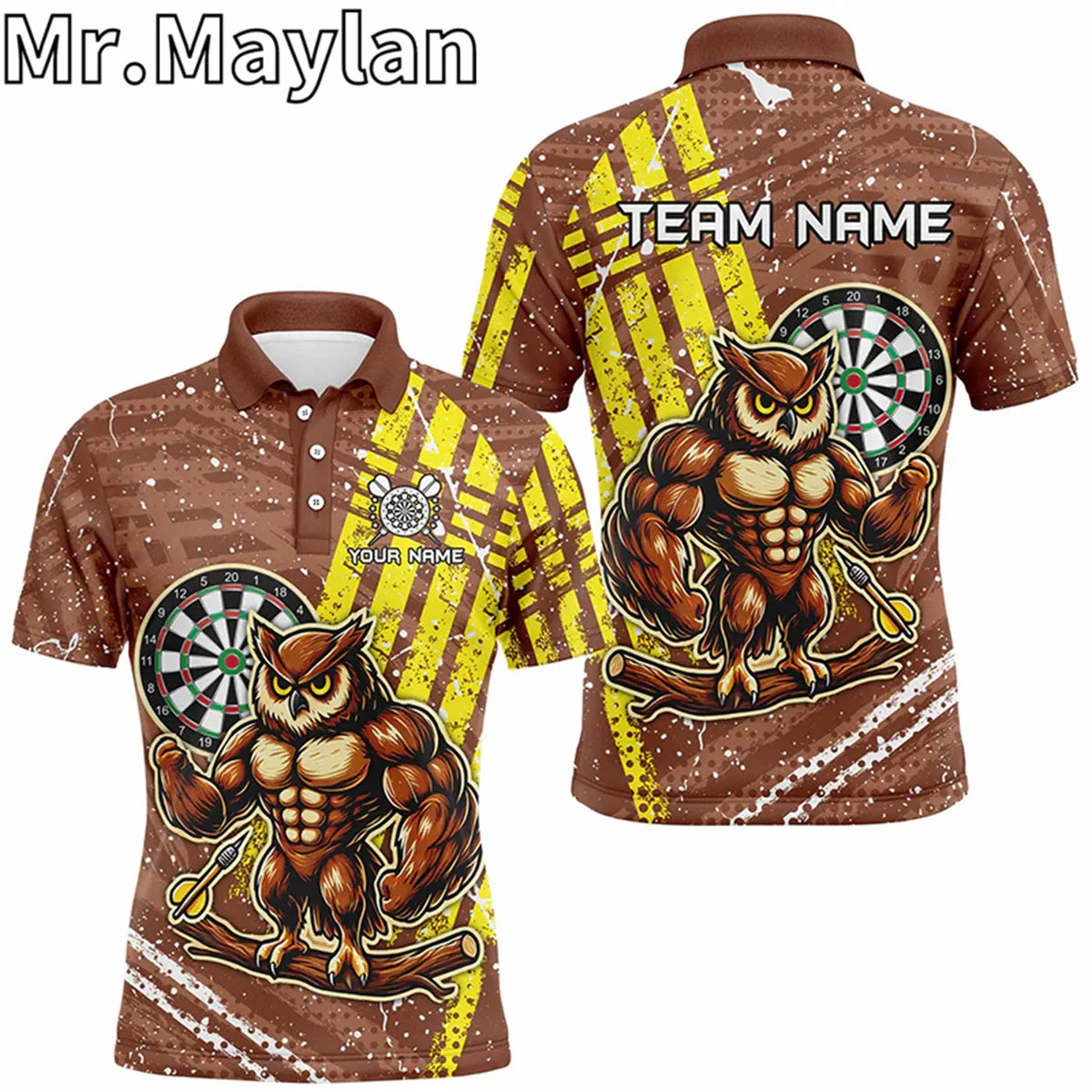 3D Personalized Funny Owl Darts Polo Shirts For Men Custom Brown Darts Team Jerseys Unique Darts Apparel Gifts For Darts Lovers