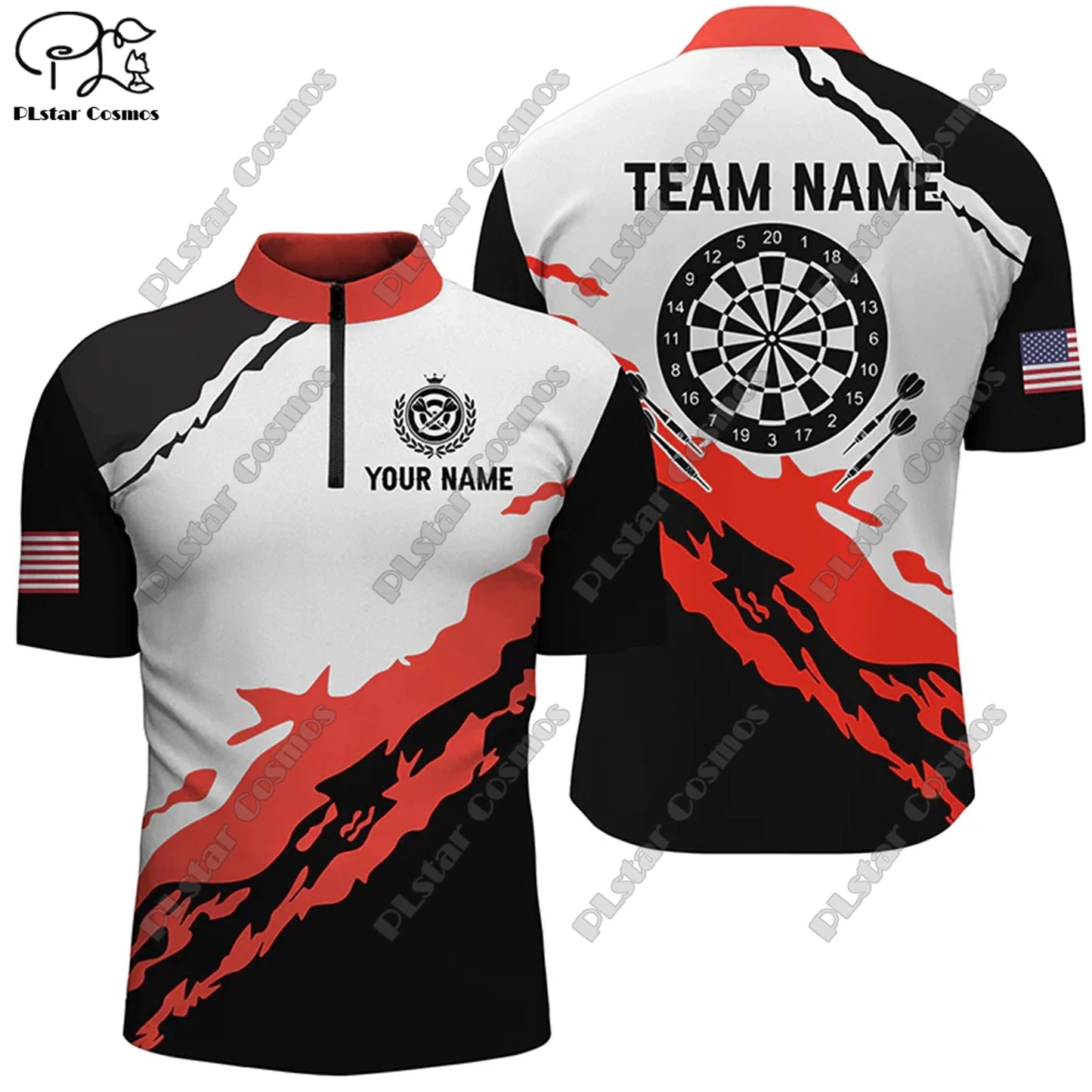 New Custom 3D Printed Flame Pattern Darts Stand Collar Zipper POLO Shirt Universal Casual Team Throwing Sports Unisex Tops D-10