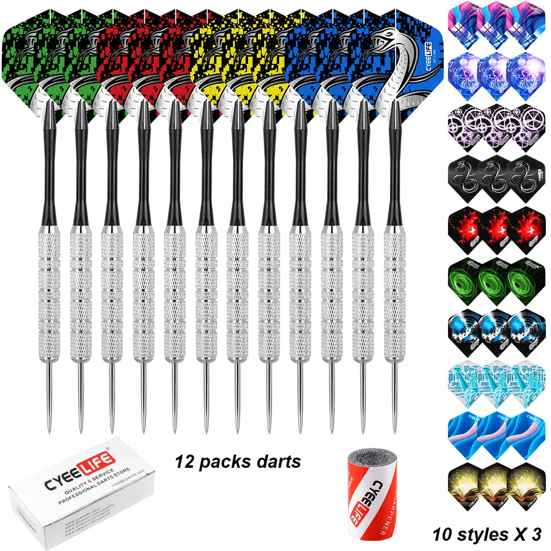 CyeeLife Steel Tip Darts with Aluminum Nylon Shaft, Sharpener, 12Pcs, 20g, 30Pcs Flights, 1Pc