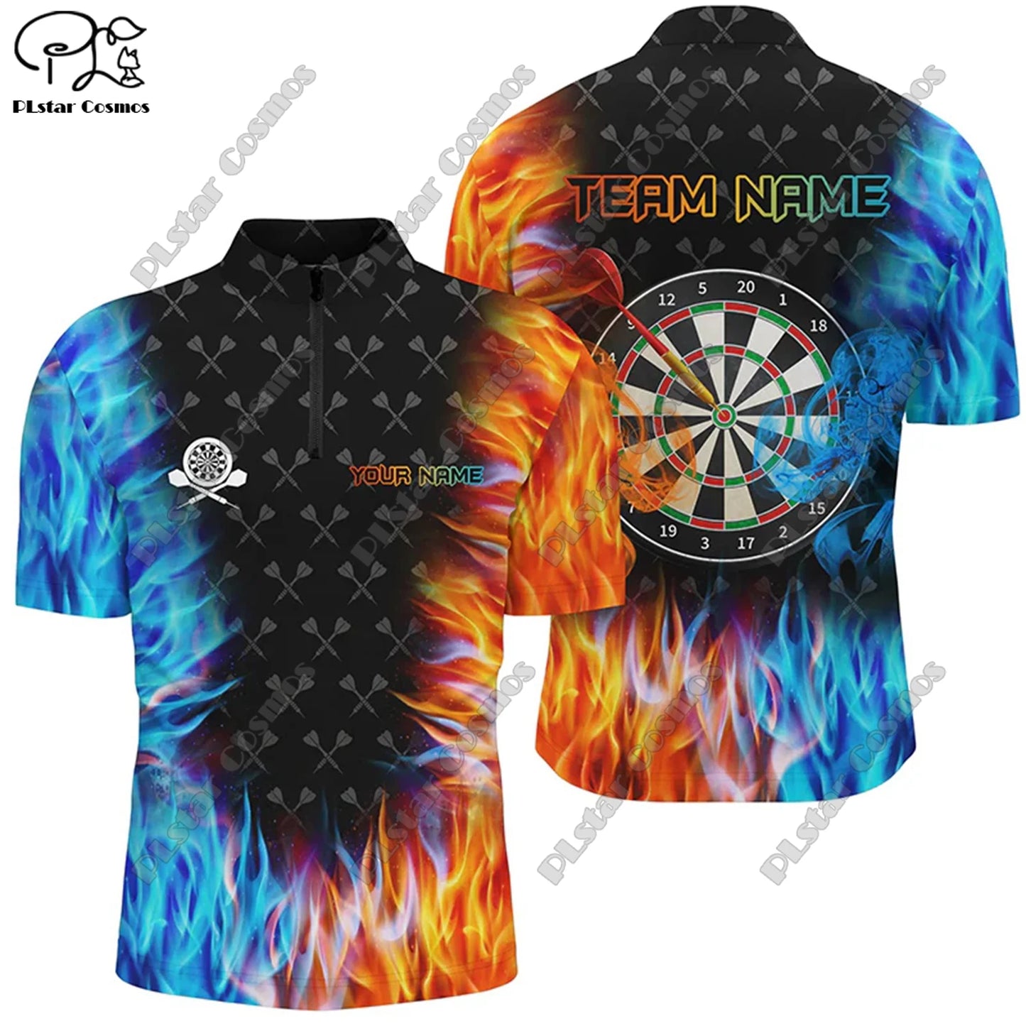 New Custom 3D Printed Flame Pattern Darts Stand Collar Zipper POLO Shirt for casual team sports by PLstar Cosmos.