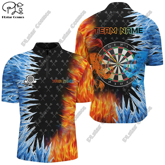 New Custom 3D Printed Flame Pattern Darts Stand Collar Zipper POLO Shirt, perfect for casual team sports and unisex wear.