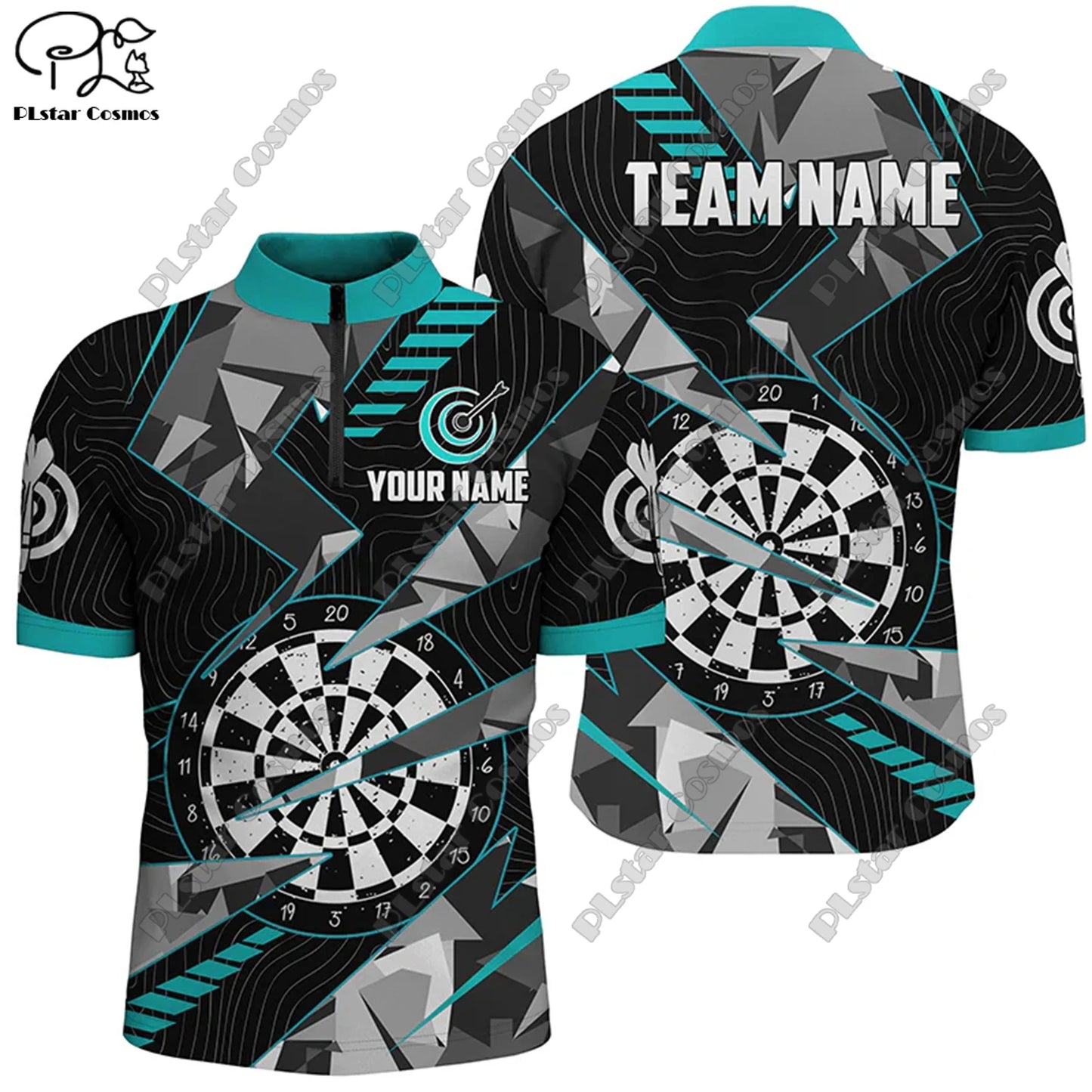 New Custom 3D Printed Flame Pattern Darts Stand Collar Zipper POLO Shirt for unisex casual sports teams.